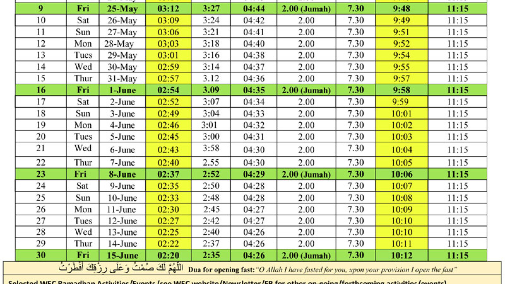 Ramadhan Timetable 2018